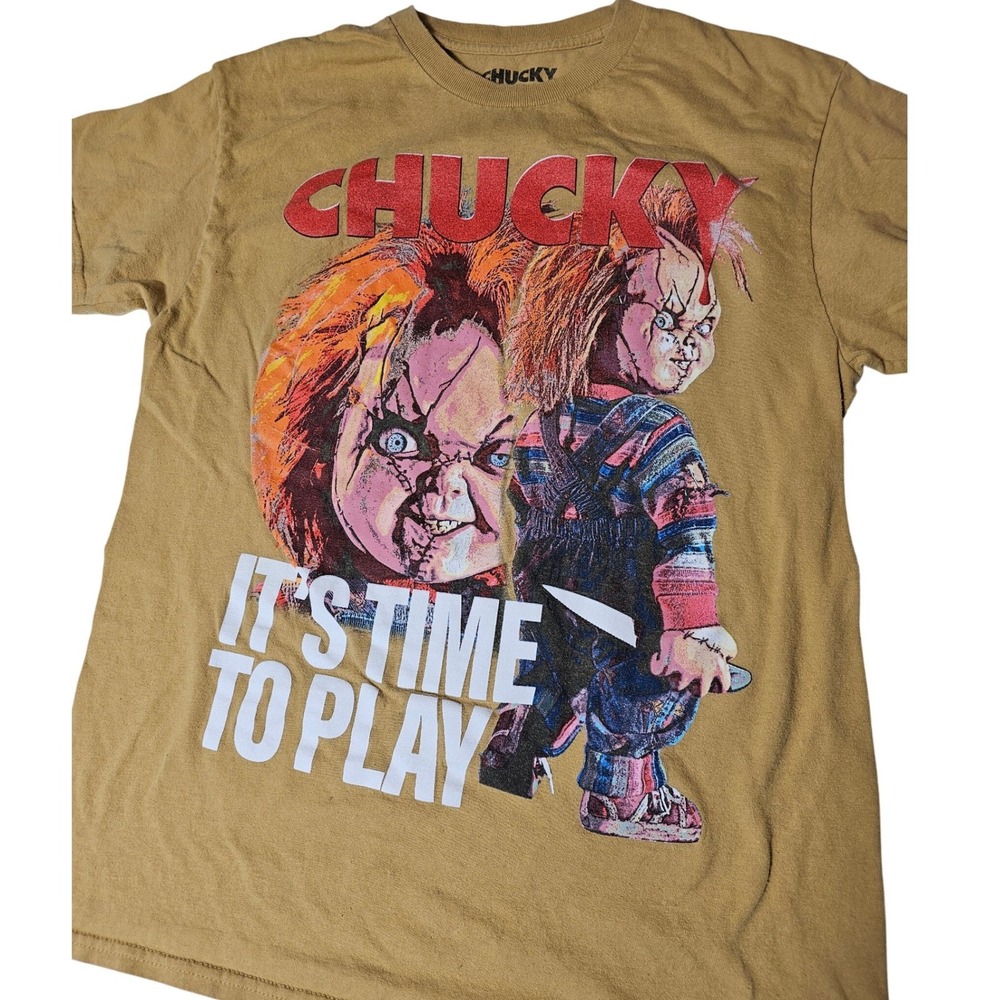 Chucky Horror Movie Graphic Tee Mens Medium Tan Its Time To Play Slasher Shirt